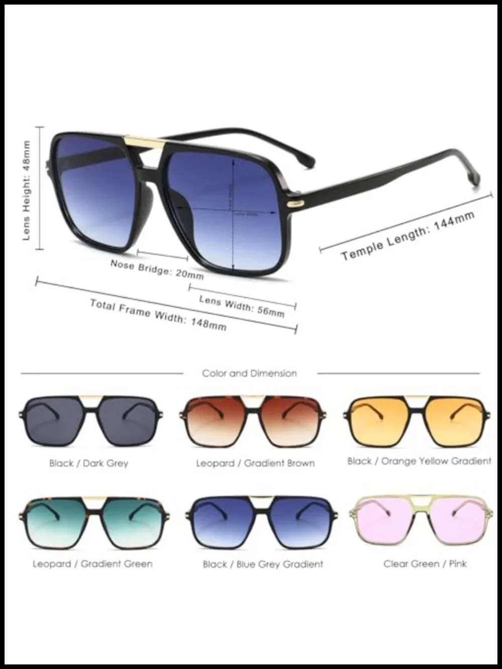 Oversized Double Bridge Pilot Sunglasses UV400 Unisex Retro Square Shades